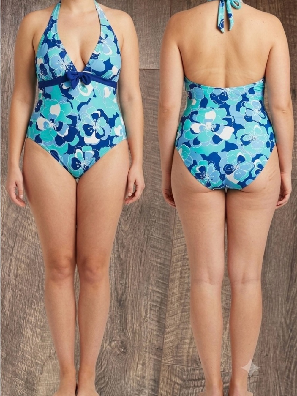 Islander Blue Aqua Floral Halter One-Piece with Tie Bow